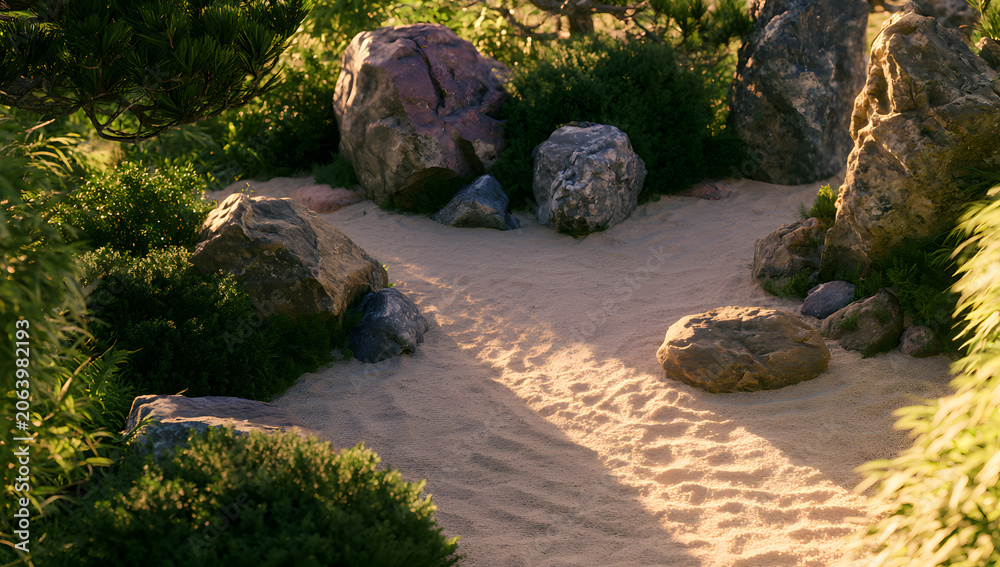 Obraz premium A garden pattern with a sand base, incorporating greenery and rocks.