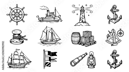 Foto Nautical Icons: Ships, Anchor, Lighthouse, Compass, Helm, Spyglass, Lantern, Car