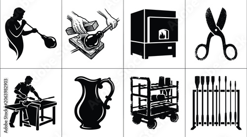 Canvastavla Glassblowing and artisan craft icon set featuring glass blower furnace shaping t