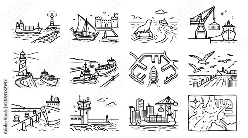 Tableau sur toile Nautical Doodle Collage: Ships, Lighthouse, Harbor, Crane, Castle, Seal, Seagull