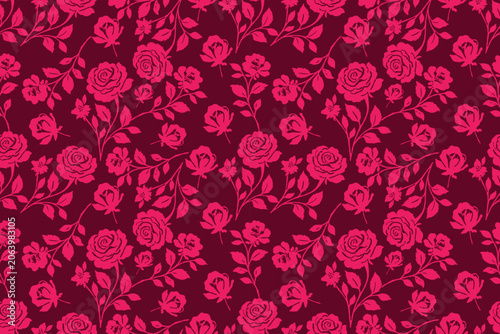Romantic seamless floral pattern featuring blooming roses, buds, and leafy branches in vibrant pink on a deep burgundy background, ideal for fabric decor.
