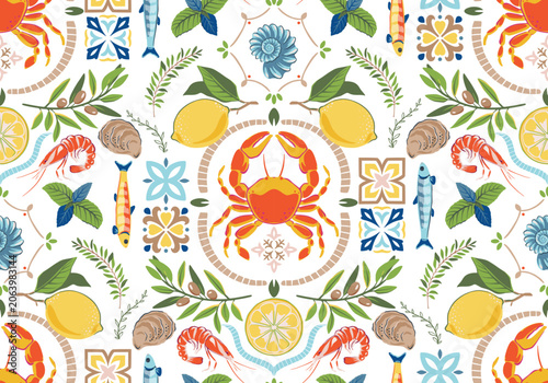 Vector summer seamless pattern. Hand drawn illustration with sea animals, shells, fish, lemons. Mediterranean beach surface print design, summer vacation endless background