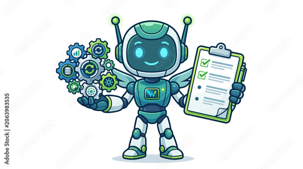 Fototapeta premium A friendly green robot holding a mechanical gear assembly and a clipboard with a checklist.