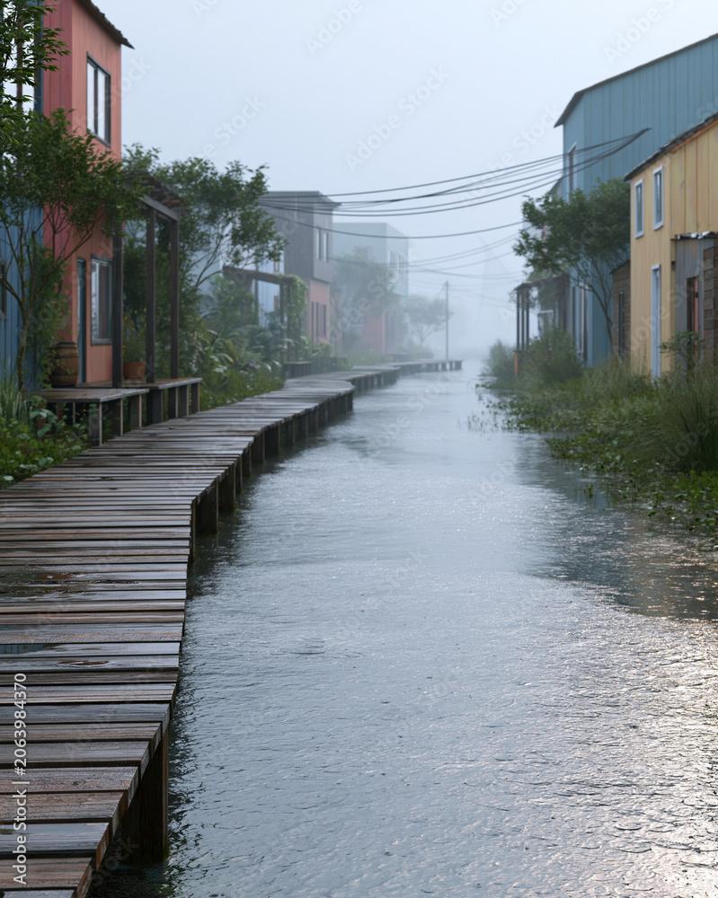 Obraz premium Misty morning coats a quiet canal. Wooden walkway stretches alongside calm, reflective water. Colorful houses line both sides, softened by fog. Overhead wires trace the sky's hazy boundary