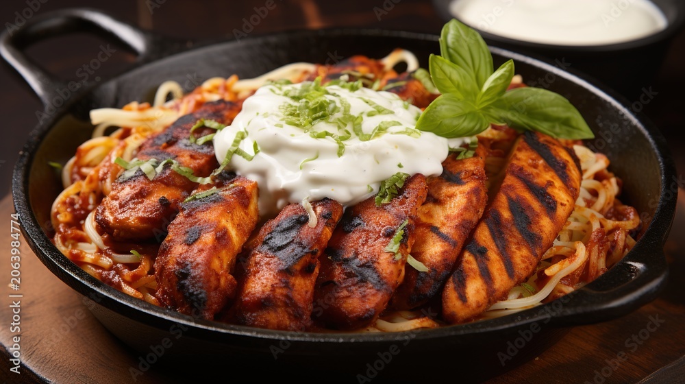 Fototapeta premium Grilled Chicken Skewers with Garlic Sauce and Carrots on Cast Iron Skillet