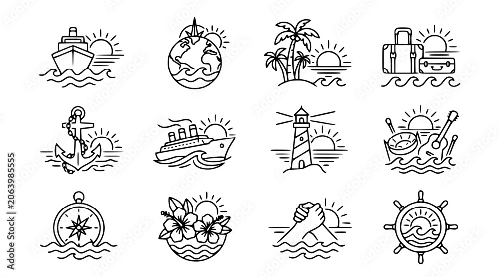 Fototapeta premium Travel Icons Set: Cruise Ship, Island, Globe, Anchor, Lighthouse, Compass, Suitcase, Music, Flowers, Ship Wheel