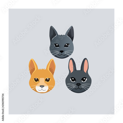 Cute cartoon cat and rabbit faces illustration