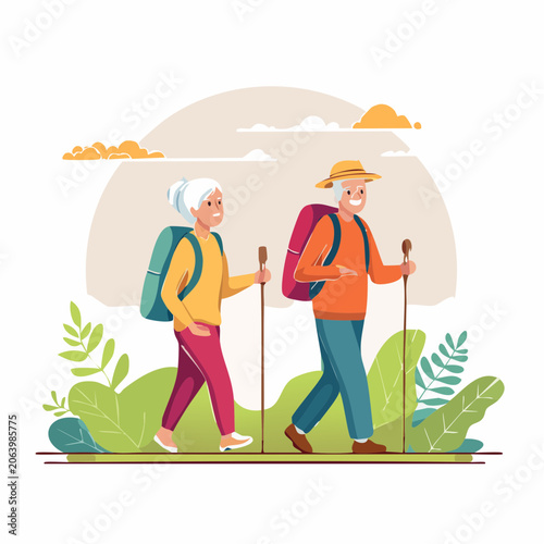 Elderly Couple Hiking with Backpacks and Trekking Poles