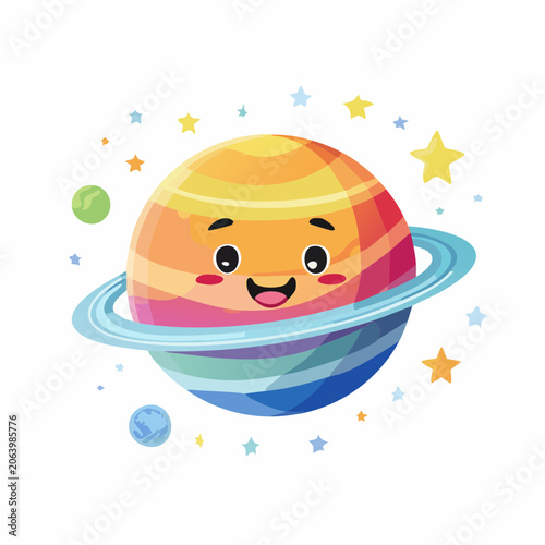 Cute Cartoon Planet with Rings and Stars