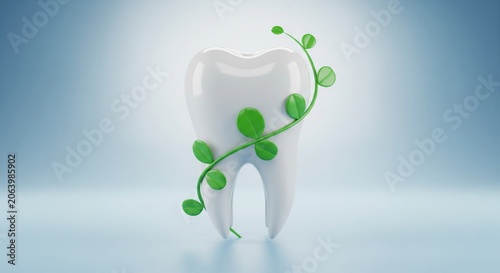 Natural dental care concept showing a healthy white tooth wrapped in green vine for holistic oral hygiene