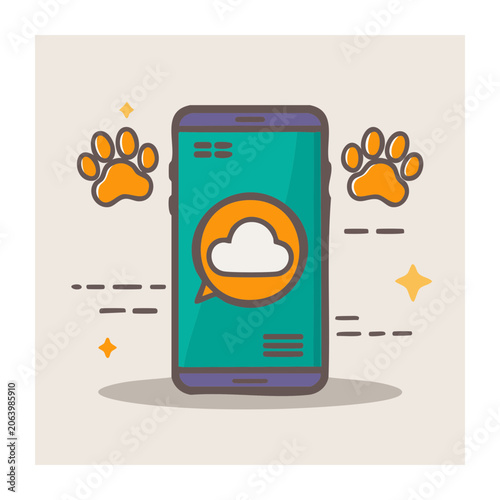 Flat design smartphone with cloud icon and paw prints