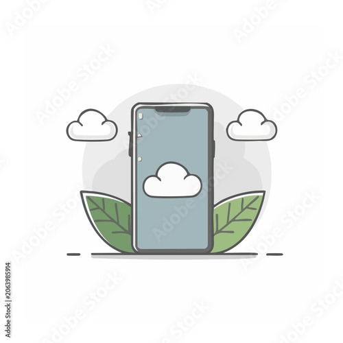 Flat design smartphone with cloud and leaves illustration