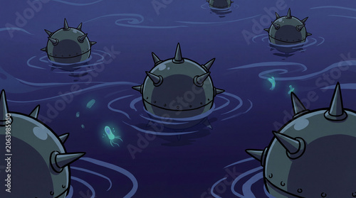 Naval sea mines floating in dark water with glowing bioluminescent organisms
