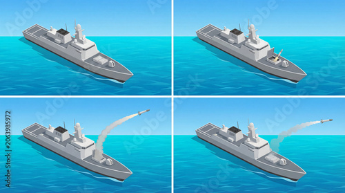 Navy war ship launching a missile on the ocean in a four step isometric illustration sequence