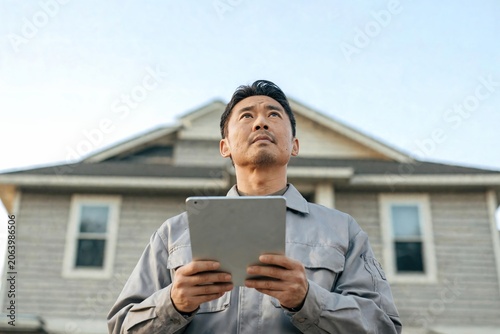 Asian man contractor using a digital tablet for home inspection, surveying a house structure, assessing property condition for renovation and real estate investment