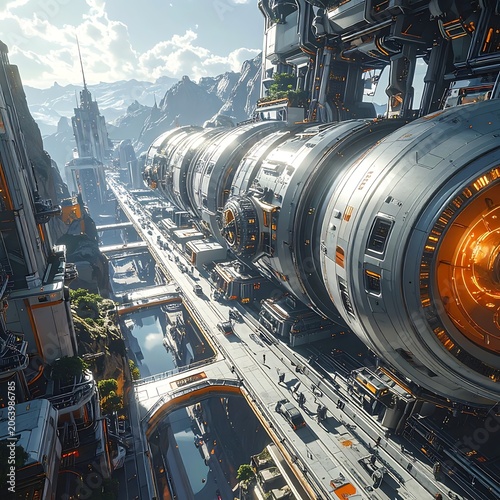 Futuristic cityscape with sleek metallic structures and orange accents
