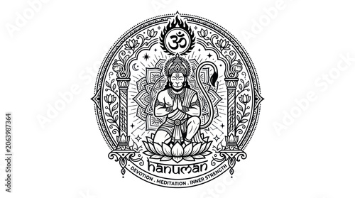 Photography Lord hanuman in prayer pose with mandala and om symbol