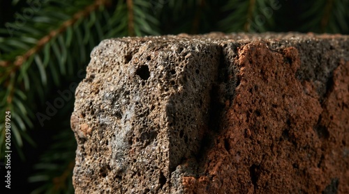 Textured volcanic stone block with pine branches backdrop