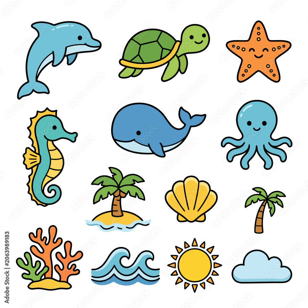 Fototapeta premium Cute cartoon sea animals and ocean elements sticker set