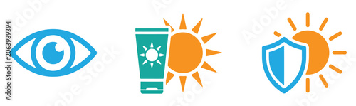 Tableau sur toile sun protection icons set featuring UV shield, sunscreen tube, and human eye symbol