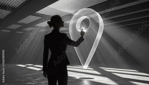 Silhouette of a professional woman reaching out to touch a glowing holographic location pin icon representing global positioning and digital navigation in a modern high-tech business workspace.