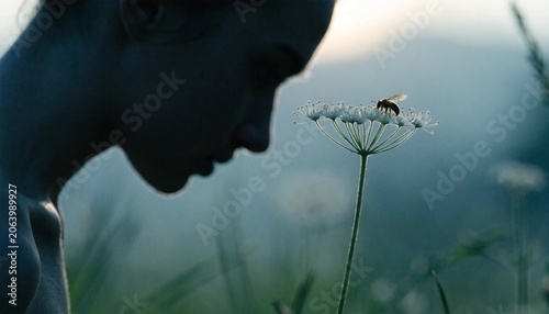 Gentle silhouette of a person observing a small honey bee pollinating a delicate flower in a serene garden setting emphasizing nature, biodiversity, and peaceful environmental contemplation.