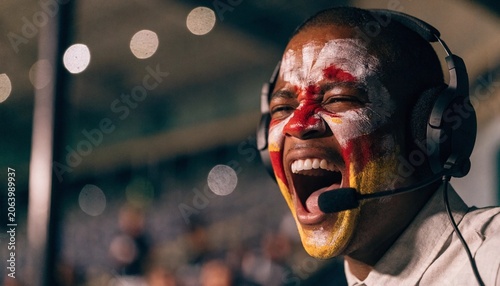 Enthusiastic sports commentator with colorful face paint cheering passionately during a live match broadcast, expressing pure joy and excitement in a vibrant and energetic stadium environment.