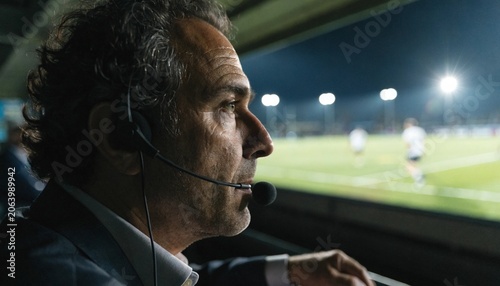Professional sports commentator focused on a match under intense stadium spotlights, capturing the concentration and dedication required for live broadcasting in a high-stakes sporting arena.