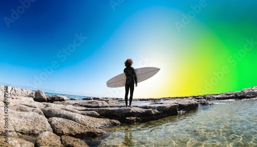 Minimalist silhouette of a surfer viewed from behind, looking out at a stunning abstract summer gradient sky, symbolizing peace, freedom, and the deep connection between man and the ocean.