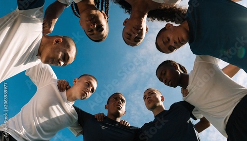Soccer team forming a tight huddle on the field, low angle view looking up at diverse players' faces against a bright sunny sky, symbolizing unity, teamwork, sportsmanship, and shared athletic goals.