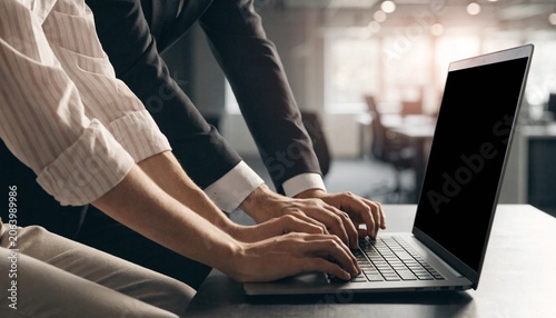 Professional business team collaborating around a blank laptop computer in a modern office, typing and discussing projects, representing corporate technology, digital workspace, and modern work.