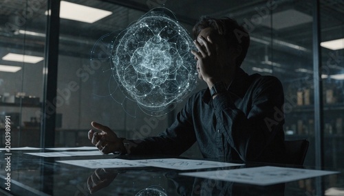 Visionary entrepreneur analyzing a glowing artificial intelligence hologram in a dark futuristic setting, exploring digital data, neural networks, and advanced technology for business innovation.