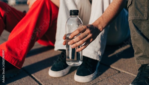 Eco-conscious family holding a blank reusable water bottle together, promoting environmental sustainability, plastic-free living, and healthy hydration habits in a bright and natural setting.