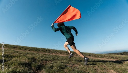 A professional soccer player stands proudly on a sun-drenched field, holding a large blank green flag aloft against a clear blue sky, capturing the spirit of sportsmanship and national pride.