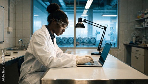 Dedicated Male Scientist or Virologist Reviewing Research Data on a Blank Screen Laptop in a Modern High-Tech Laboratory, Representing Digital Innovation in Medicine and Scientific Study.