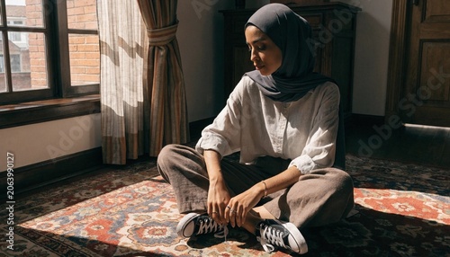 Serene Young Woman Wearing a Generic Hijab Sitting Gracefully on a Beautifully Patterned Oriental Rug in a Softly Lit Interior, Representing Cultural Tradition, Peace, and Modest Fashion.
