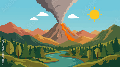 Photography Vibrant cartoon landscape with erupting volcano, river, and forest