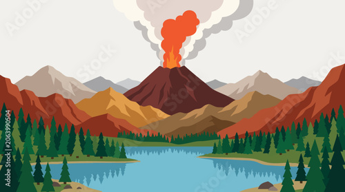 Canvas Print Flat illustration of an erupting volcano in a scenic mountain lake landscape
