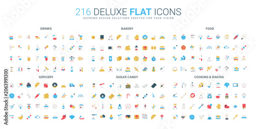 Εκτύπωση καμβά Colorful flat icons set featuring drinks, bakery, food, grocery, sugar candy, an