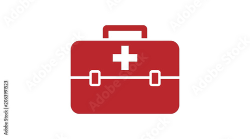Red first aid kit with cross symbol and clasps.