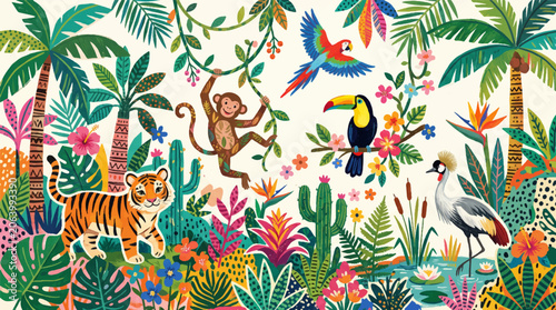 Photography Colorful tropical jungle illustration featuring a cute tiger, monkey, toucan, parrot, exotic flowers, and palm trees in a vibrant forest scene