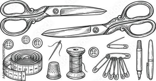 Bild auf Leinwand Vintage Tailor Shears Sewing Scissors and Needlework Craft Accessories Hand Draw