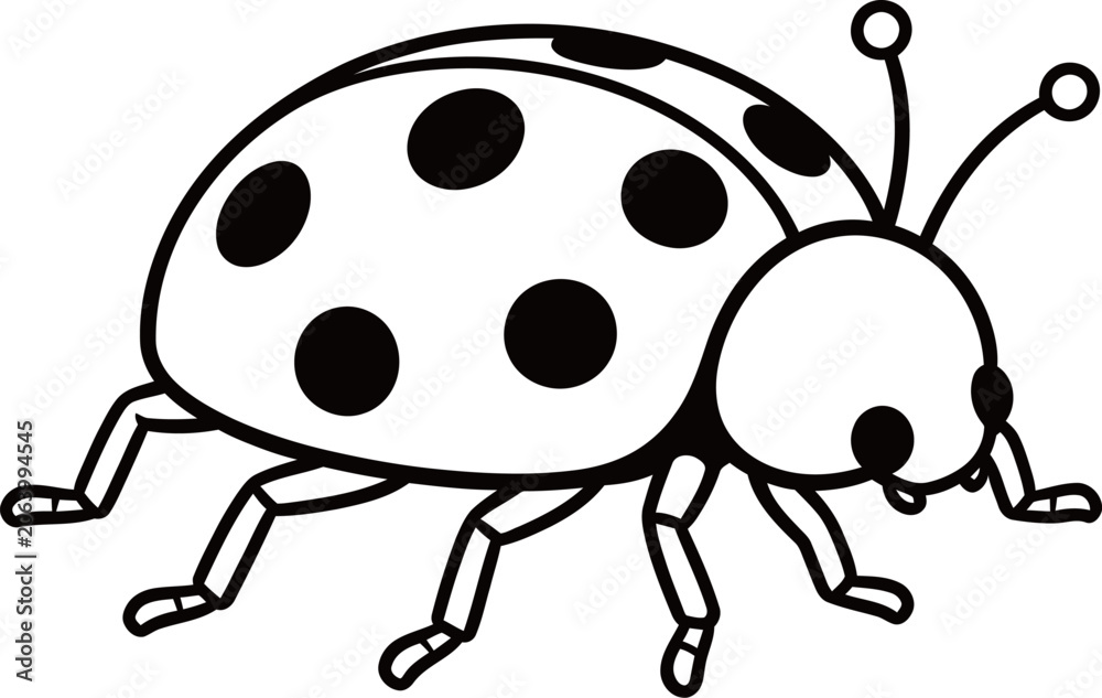 Fototapeta premium Black and white line drawing of a ladybug with spotted wings and six legs