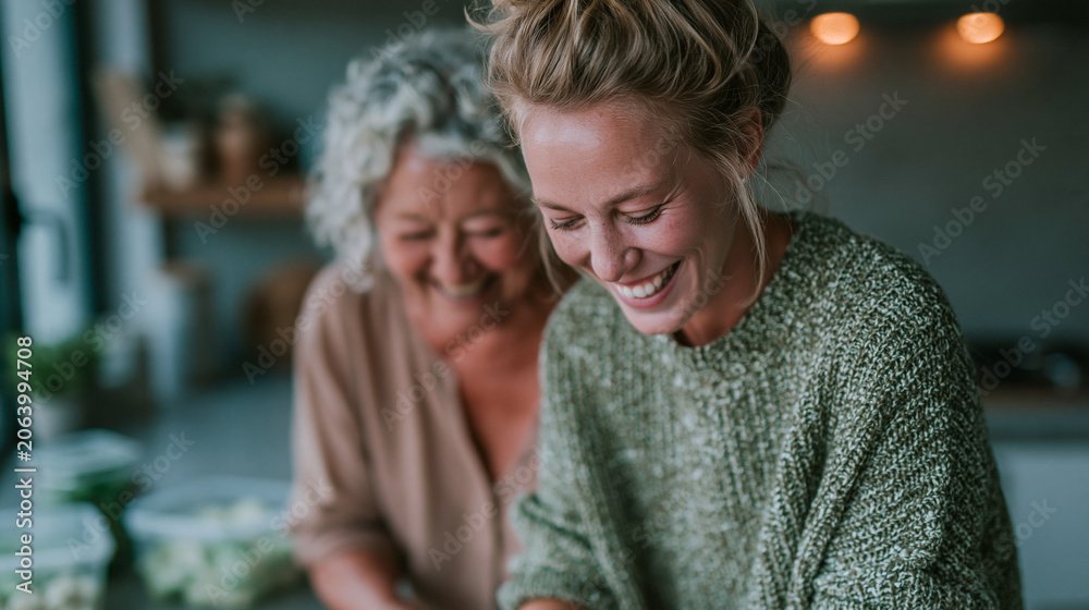 Naklejka premium Woman spending time with her mother in a kitchen preparing simple food with seasonal vegetables imperfect countertop reusable containers soft daylight wide shot family