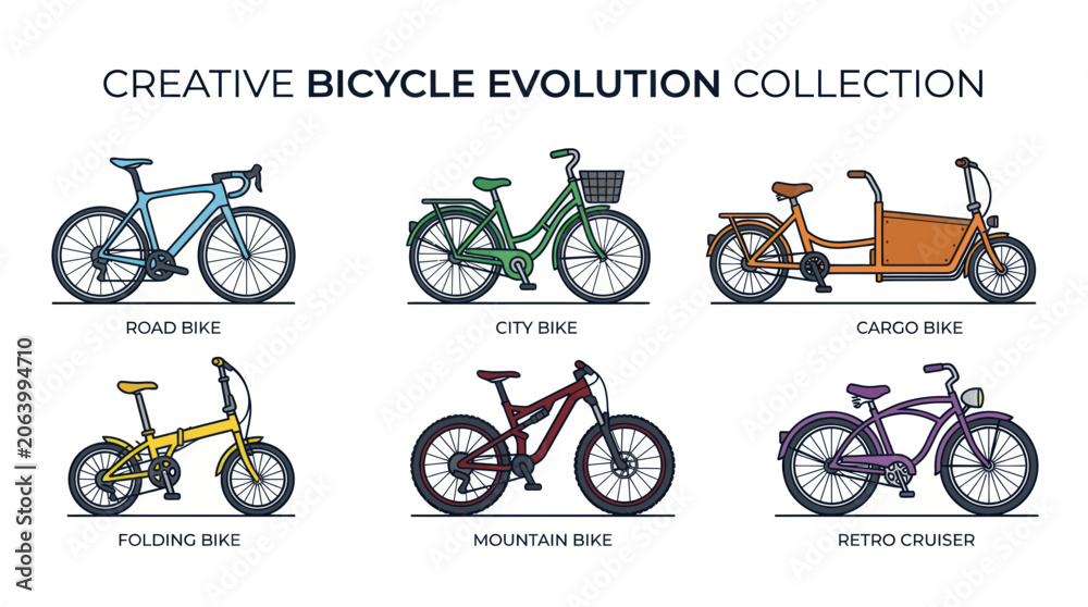 Fototapeta premium Bicycle Evolution Collection: Road, City, Cargo, Folding, Mountain, Retro Cruiser