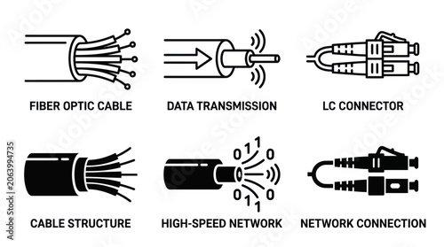 Fotografija Fiber Optic Cable Technology Icons: Data Transmission, Connectors, Network