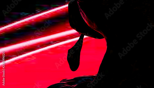 Silhouetted figure against vibrant red background with diagonal light beams.