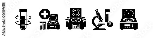 Foto Set of black laboratory centrifuge and scientific equipment icons including test tubes, microscope, and DNA symbol for medical research and diagnostic analysis