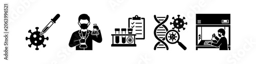 Fotografie Set of black icons depicting laboratory virology research including scientists, DNA strands, test tubes, and virus analysis