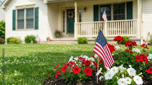Patriotic garden flower flag front yard lawn summer home pride tranquil mood. American us fourth july independence celebration. home backyard gathering party, decoration